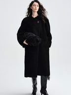 audreyyang Warm Thick Vintage Loose Fit Stand Collar Lambswool Trim Women Black Wool Coats