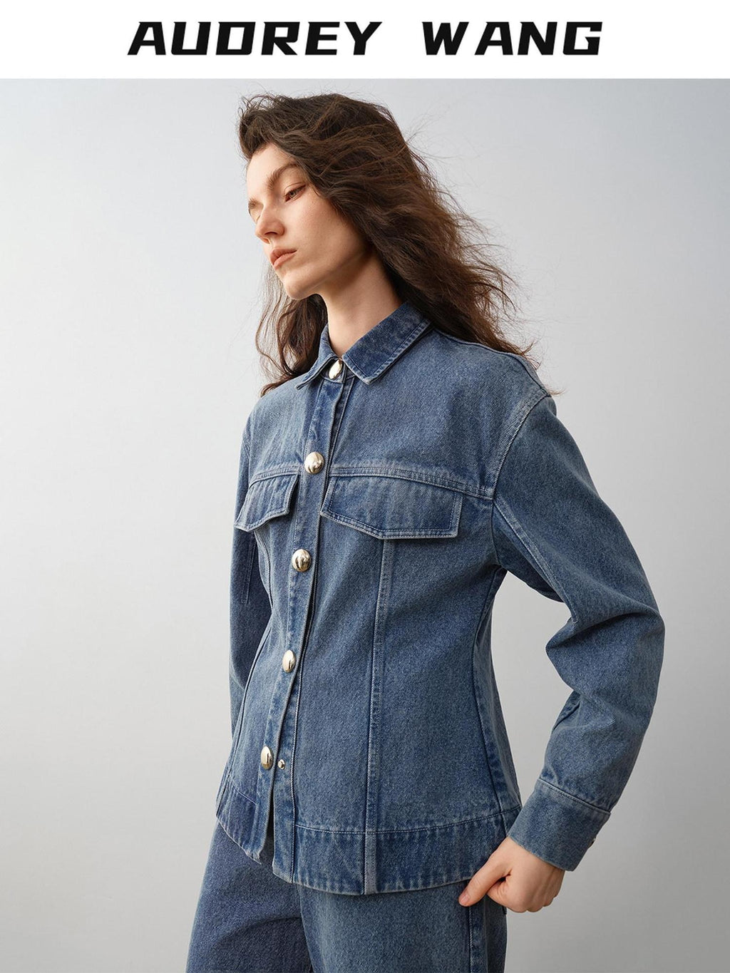 audreyyang 100% Cotton Vintage Loose Fit Button Long Sleeve Denim Women Top & Pants Sets