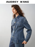 audreyyang 100% Cotton Vintage Loose Fit Button Long Sleeve Denim Women Top & Pants Sets