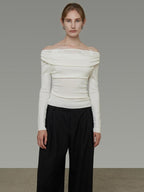 unspoken Soft Breathable Knit One Shoulder Slim Fit Office White Long Sleeve Blouses
