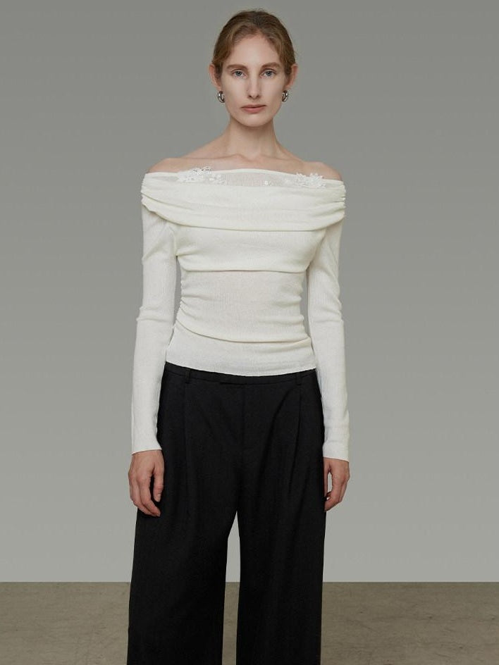 unspoken Soft Breathable Knit One Shoulder Slim Fit Office White Long Sleeve Blouses