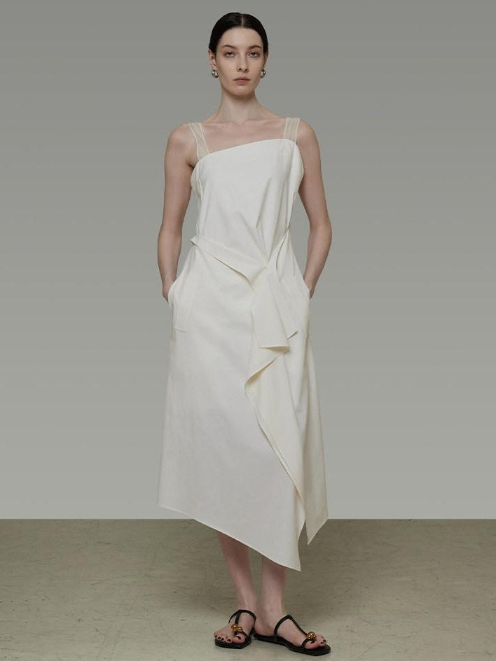 unspoken Cinched Waist Minimalist Asymmetric Spaghetti Strap A Line Midi Maxi Dresses