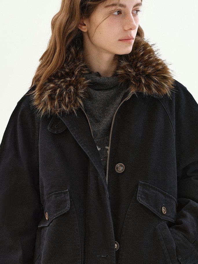 fano Warm 90% White Duck Down Fur Collar Loose High Waist Minimal Black Down Jackets