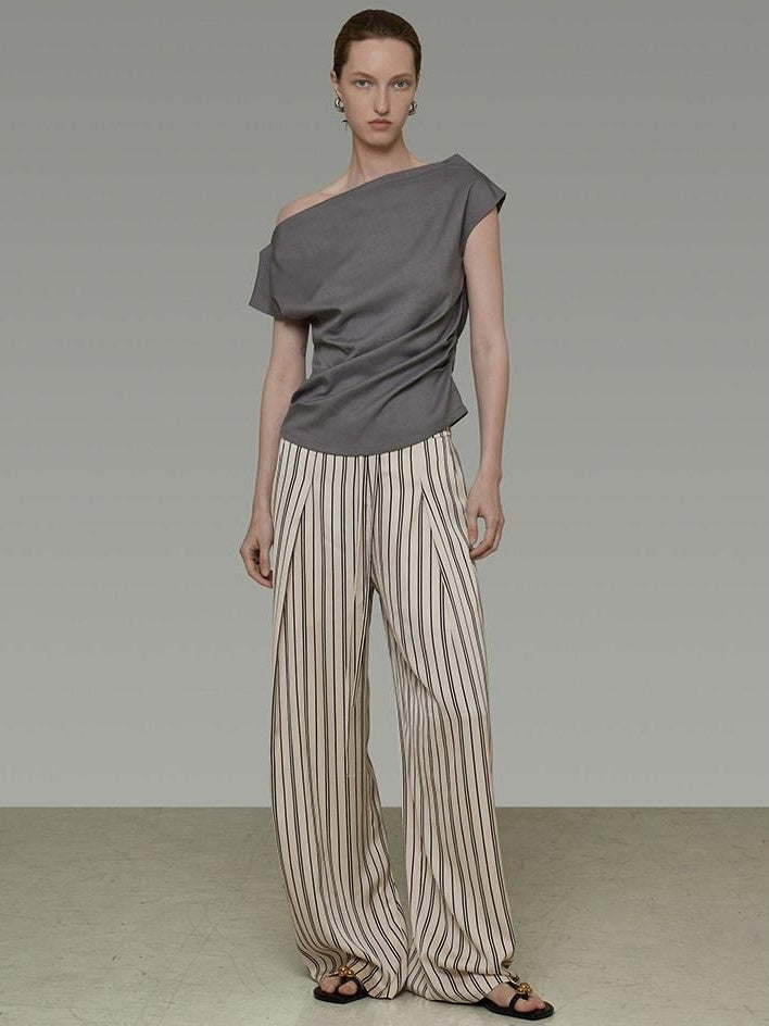 unspoken Minimalist High Waist Elastic Office Loose Striped Polyester Wide Leg Pants