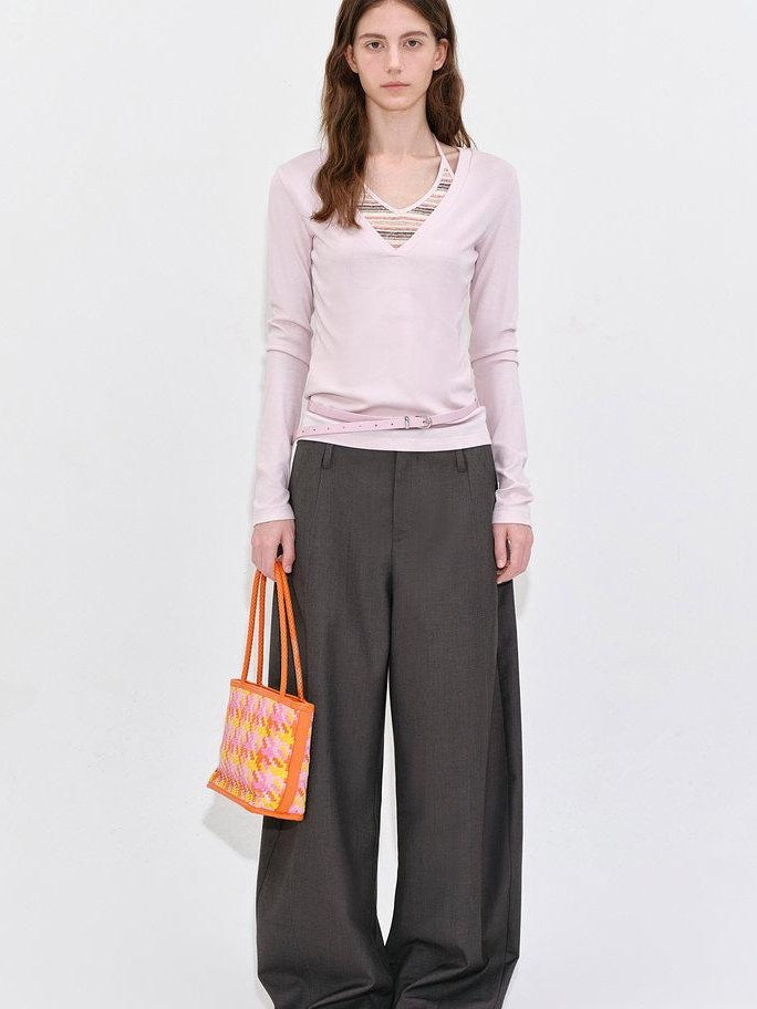 fano Poly Rayon Blend Mid High Waist Minimal Commuter Pine Gray Wide Leg Pants