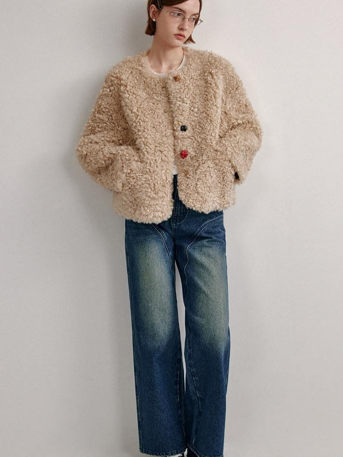 fano Faux Fur Straight Cut Minimal Workwear Women Gray Khaki Short Coat