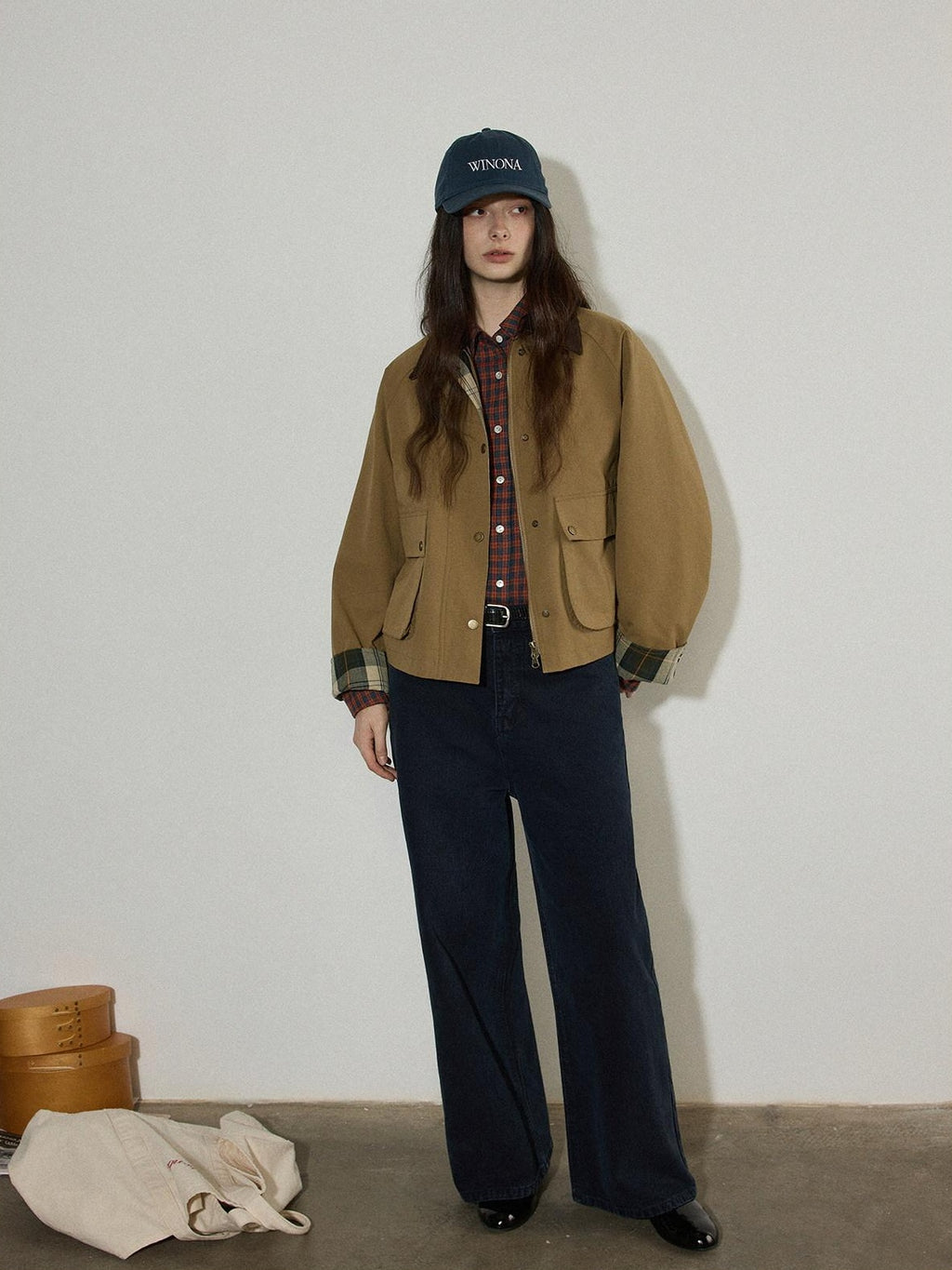 Lofi choose Plaid Zip Front Loose Fit Commuter Long Sleeve Women Sand Khaki Cropped Jackets