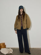 Lofi choose Plaid Zip Front Loose Fit Commuter Long Sleeve Women Sand Khaki Cropped Jackets