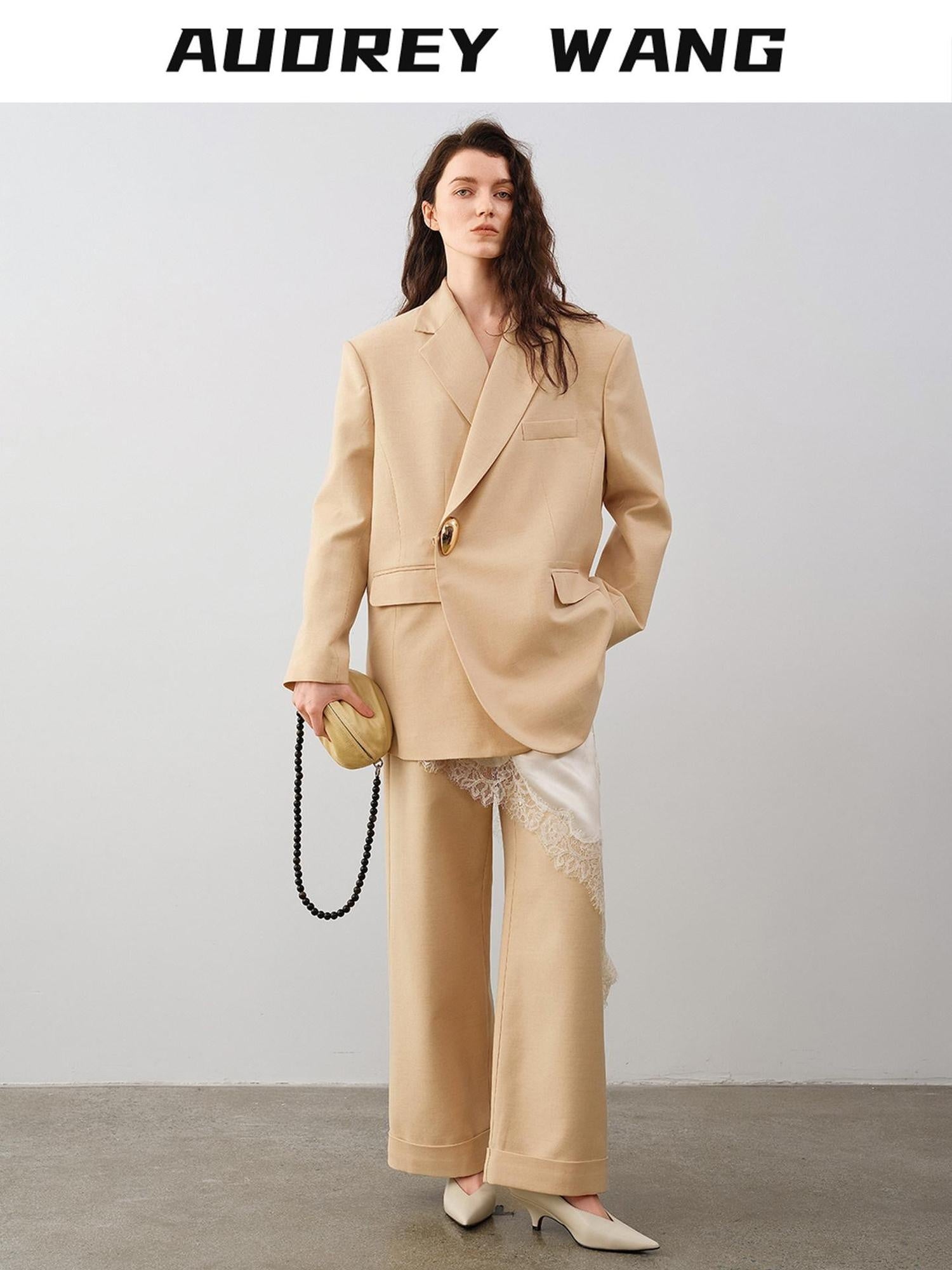 audreyyang Oversized Wool Single Button Notch Lapel Long Sleeve Women Cream Black Blazers
