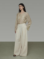unspoken Breathable Lyocell Embroidered Vintage Loose Round Neck Women Almond Blouses