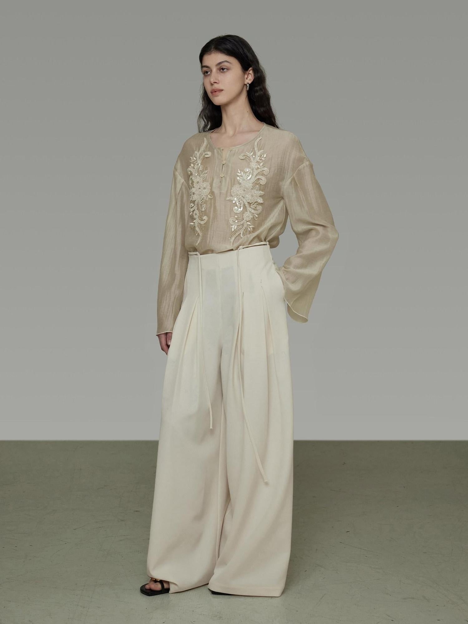 unspoken Breathable Lyocell Embroidered Vintage Loose Round Neck Women Almond Blouses
