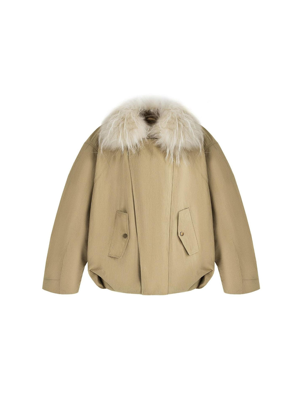 unspoken 90% White Duck Down Fur Collar Loose Commuter Khaki Zip Lapel Down Jackets
