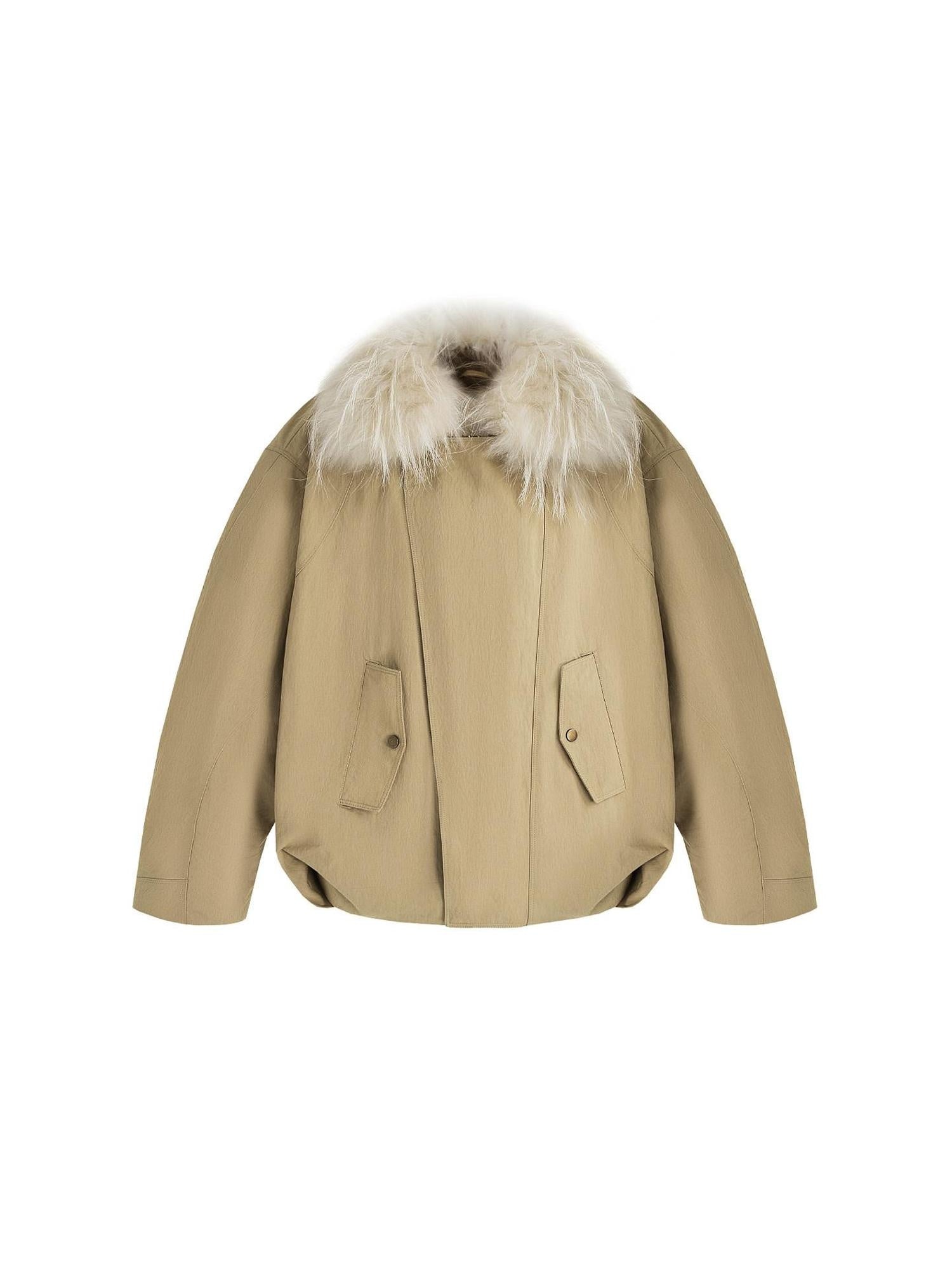 unspoken 90% White Duck Down Fur Collar Loose Commuter Khaki Zip Lapel Down Jackets