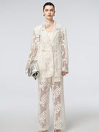 audreyyang Cotton Hollowout Loose Notched Lapel Workwear Women White Suit Top & Pants Sets