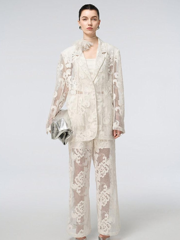 audreyyang Cotton Hollowout Loose Notched Lapel Workwear Women White Suit Top & Pants Sets