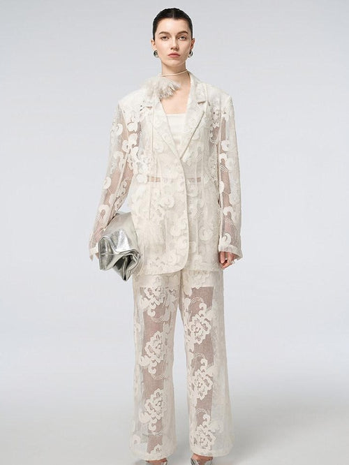 audreyyang Cotton Hollowout Loose Notched Lapel Workwear Women White Suit Top & Pants Sets