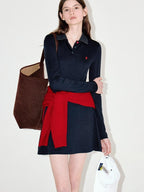 fano Soft Embroidered Tencel Vintage Aline Slim Long Sleeve Navy Midi Dresses