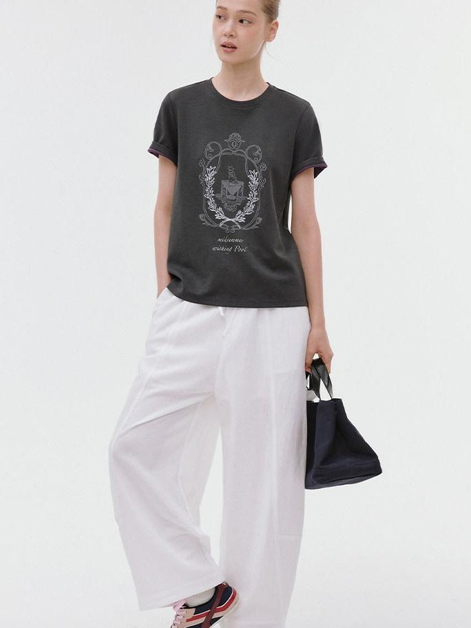 fano Soft Polycotton Korean Loose Fit Crew Neck Dark Gray Print Short Sleeve T-Shirts