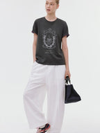fano Soft Polycotton Korean Loose Fit Crew Neck Dark Gray Print Short Sleeve T-Shirts