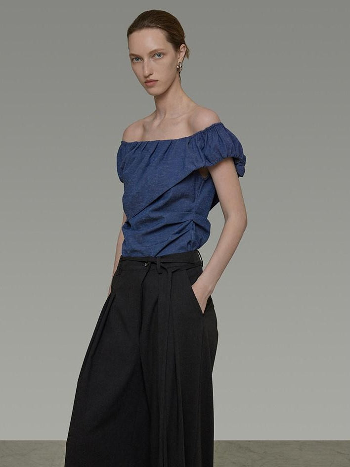 unspoken Wrinkle Resistant Minimalist Slim Asymmetrical Boat Neck Women Blue Blouses