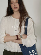Lofi choose Pure Cotton Lace Trim Office Loose Fit Round Neck Long Sleeve Women Blouses