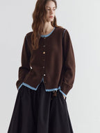 fano Pure Wool Commuter Regular Fit Roundneck Colorblock Women Brown Knit Cardigans