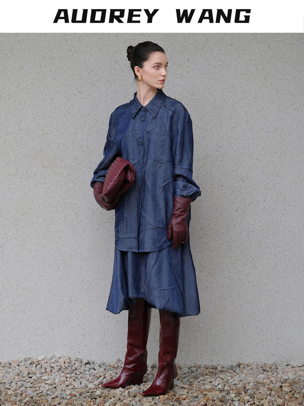 audreyyang Original Loose Pleated Faux Denim Collared Long Sleeve Girls Top & Skirt Sets