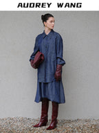 audreyyang Original Loose Pleated Faux Denim Collared Long Sleeve Girls Top & Skirt Sets