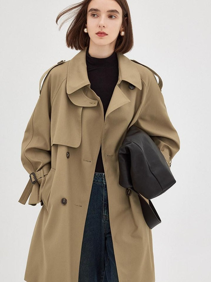 fano Pocketed Relaxed Raglan Midlength Double Breasted Khaki Womens Trench Coats