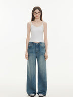 ikyou Washed Distressed Loose Casual Natural Waist Denim Blue Everyday Wide Leg Jeans