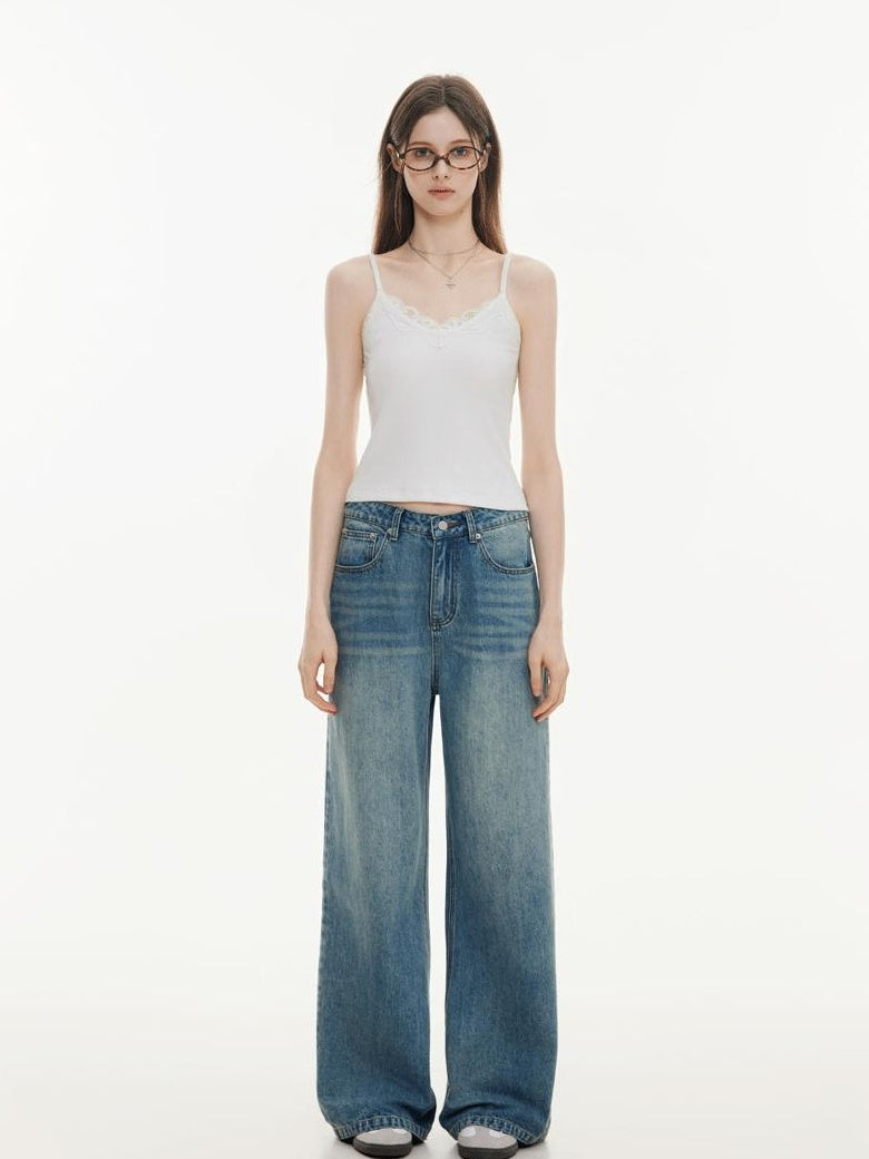 ikyou Washed Distressed Loose Casual Natural Waist Denim Blue Everyday Wide Leg Jeans