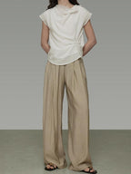 unspoken High Waist Pleated Elastic Workwear Khaki Viscose Wide Leg Pants