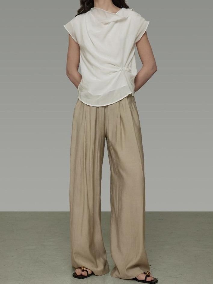 unspoken High Waist Pleated Elastic Workwear Khaki Viscose Wide Leg Pants