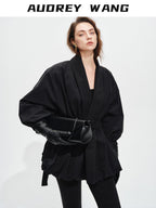 audreyyang Tie Front Vintage Oversized Batwing Sleeve Women Polyester Cropped Jackets