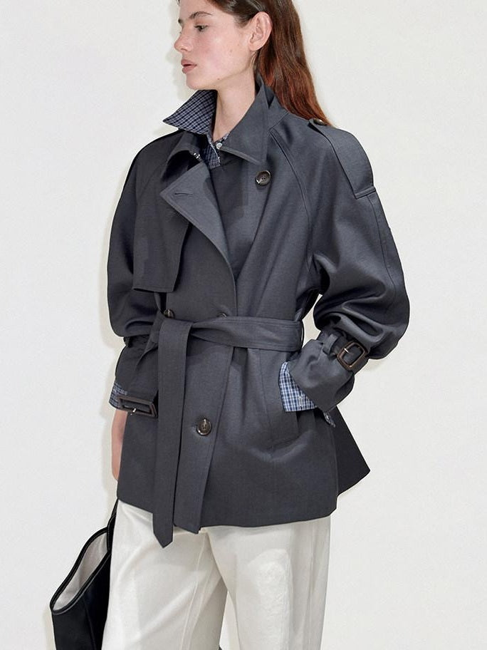 fano Double Breasted Button Front Minimal Commuter Straight Women Khaki Short Coat