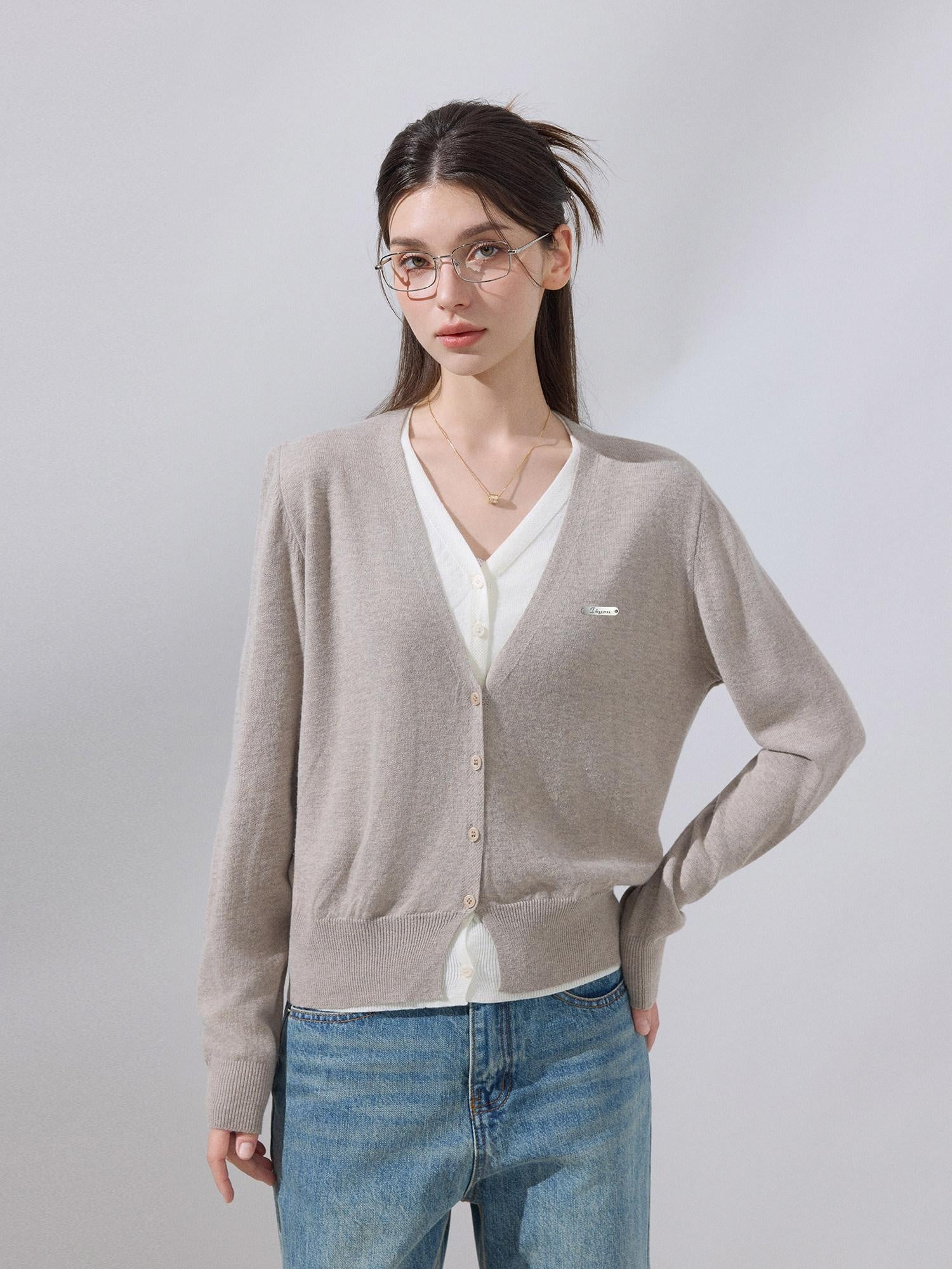 ikyou Soft Wool Blend Preppy V-neck Layered Women Khaki Knit Long Sleeve Cardigans