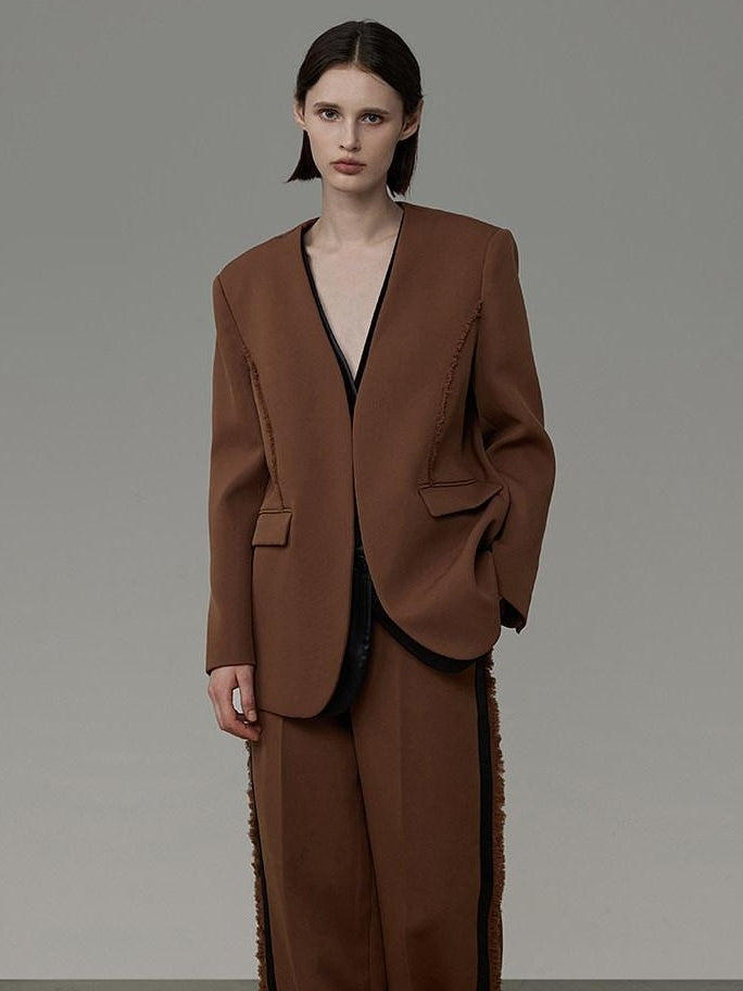 unspoken High Cotton Blend Minimalist Tailored Contrast Brown Black Women Top & Pants Sets
