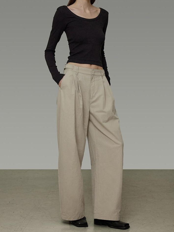 unspoken Pleated Natural Waist Minimalist Loose Women Khaki Zipper Wide Leg Pants