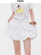 fano Lined Mid Waist A Line Bubble Skirt Loose Korean Solid White Mini Skirts