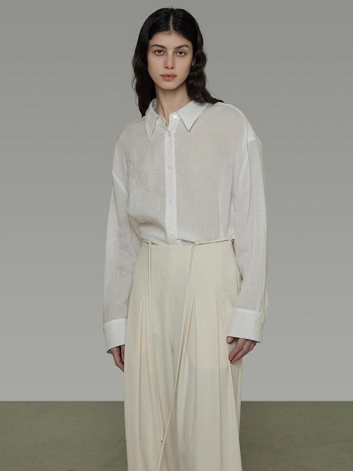 unspoken Breathable Embroidered Loose Polo Women Ramie Lyocell White Button Shirts