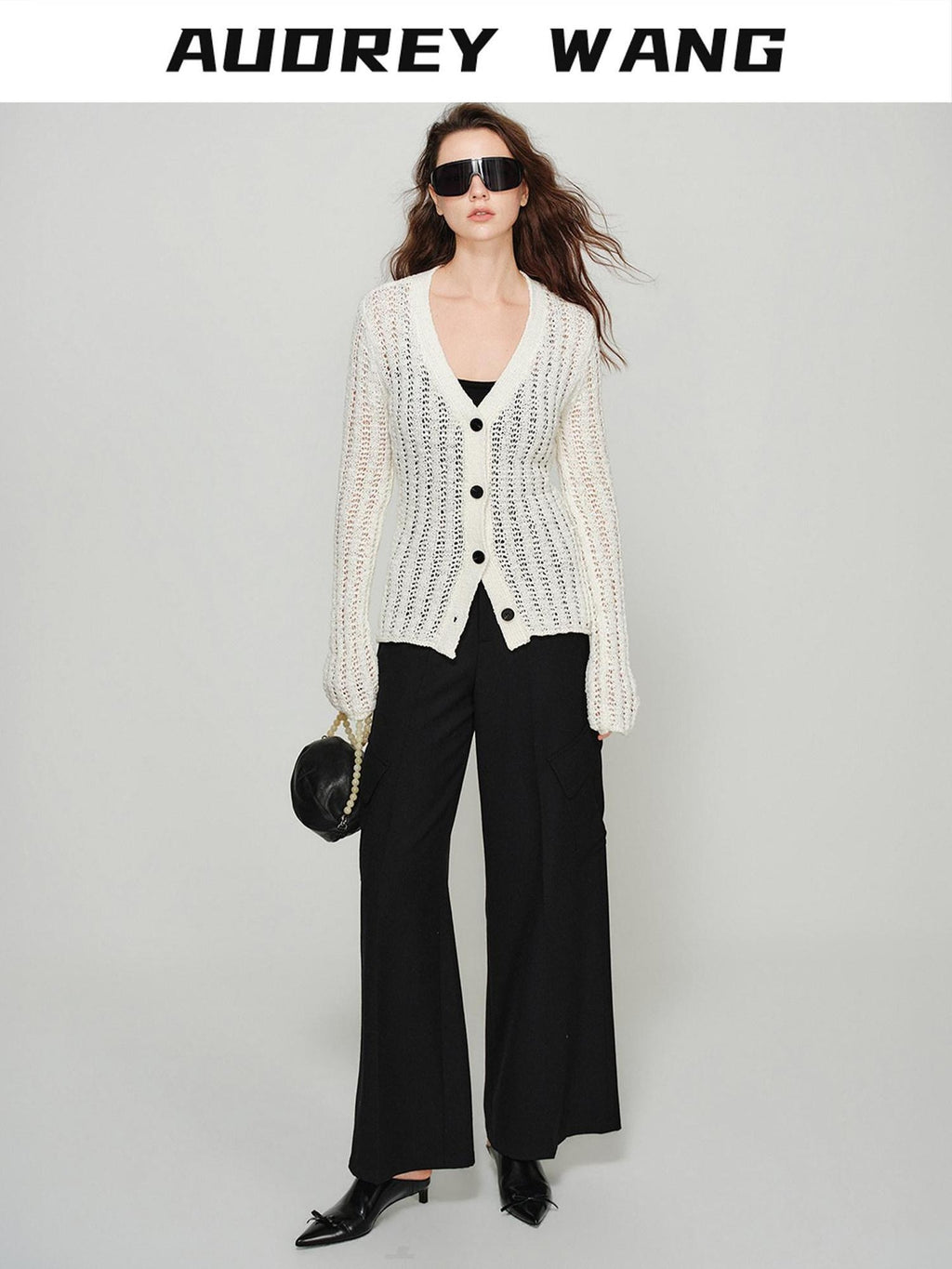 audreyyang Lightweight Openwork Slim V-neck Button Knitted Cotton Women Cardigans