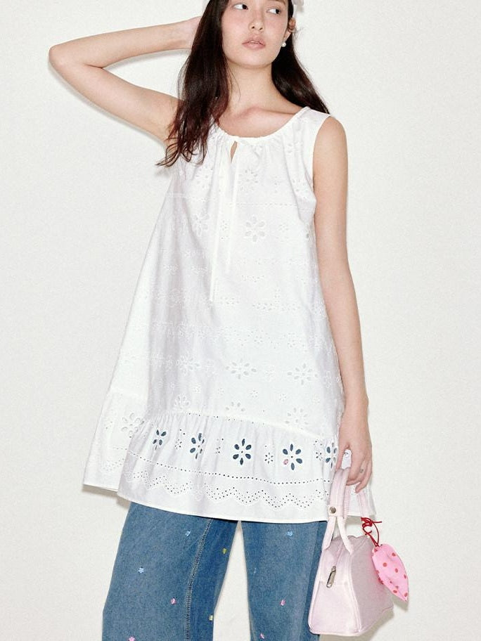fano 100 Percent Cotton Embroidery A Line Loose Waist Sleeveless Office Midi Dresses