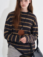 fano Acrylic Knit Striped Crew Neck Oversized Casual Women Long Sleeve T-Shirts