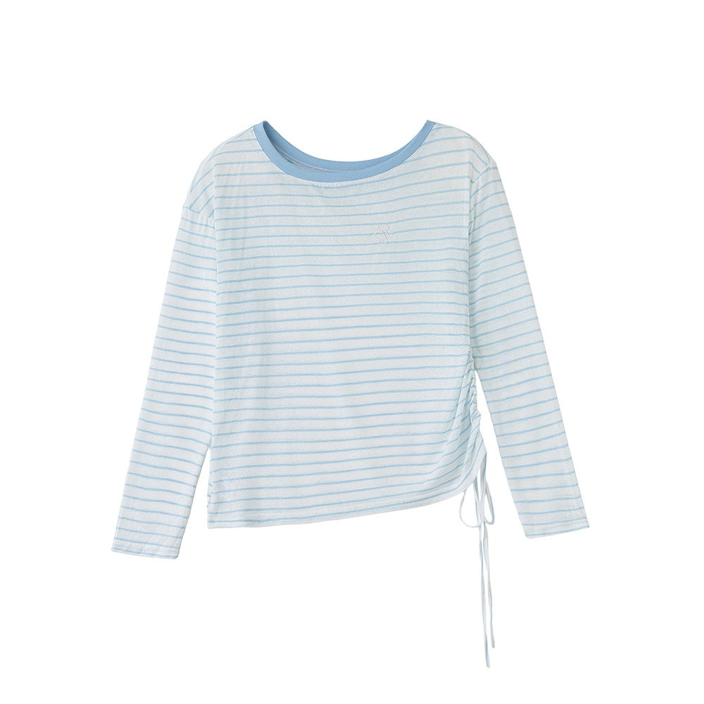 ikyou_Cooling_Lyocell_Loose_Embroidered_Women_Blue_Striped_Long_Sleeve_T-Shirts_MISSTT