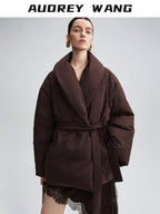 audreyyang Warm 90% Duck Down Loose Casual Stand Collar Women Chocolate Brown Down Jackets