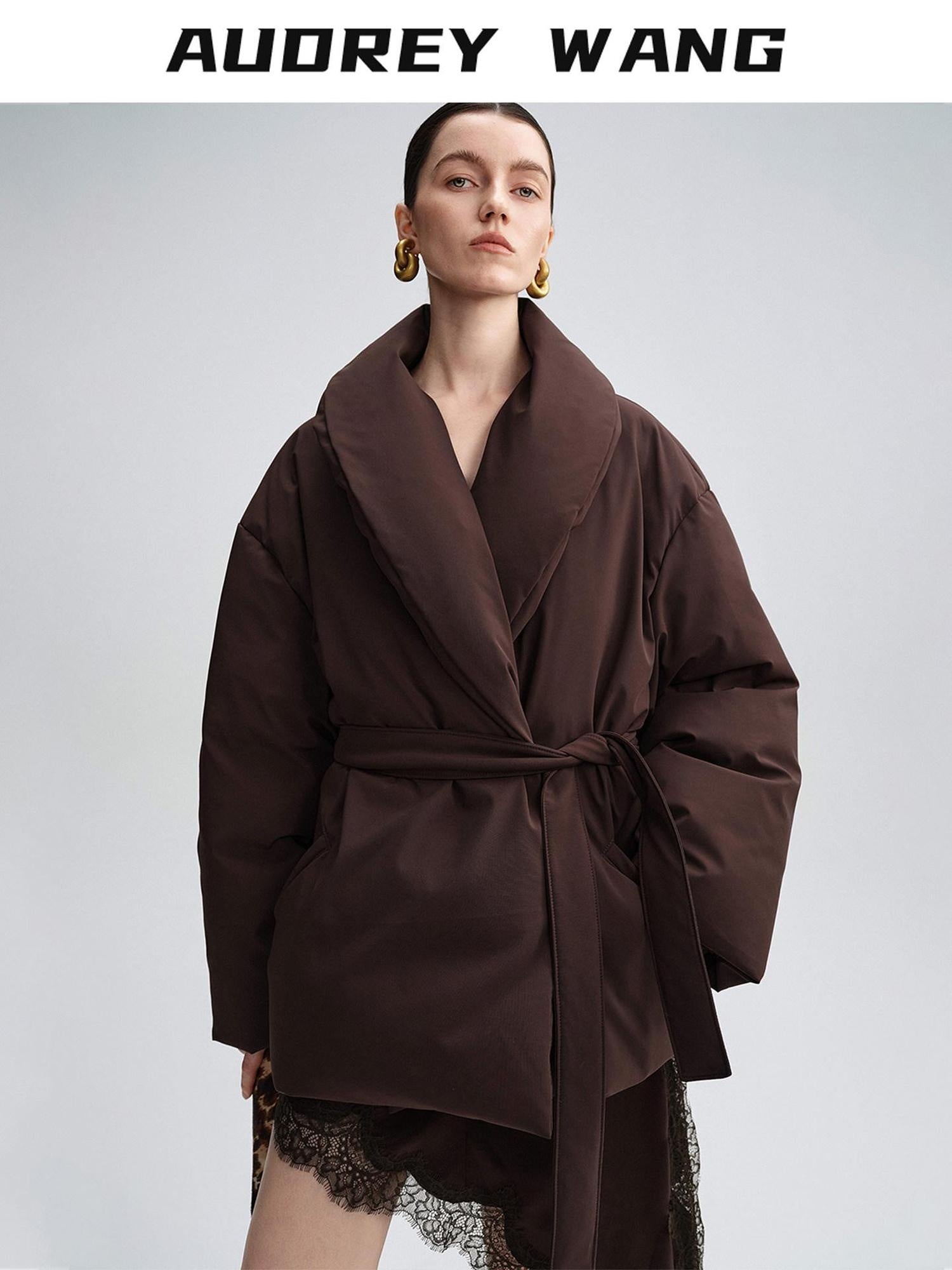 audreyyang Warm 90% Duck Down Loose Casual Stand Collar Women Chocolate Brown Down Jackets