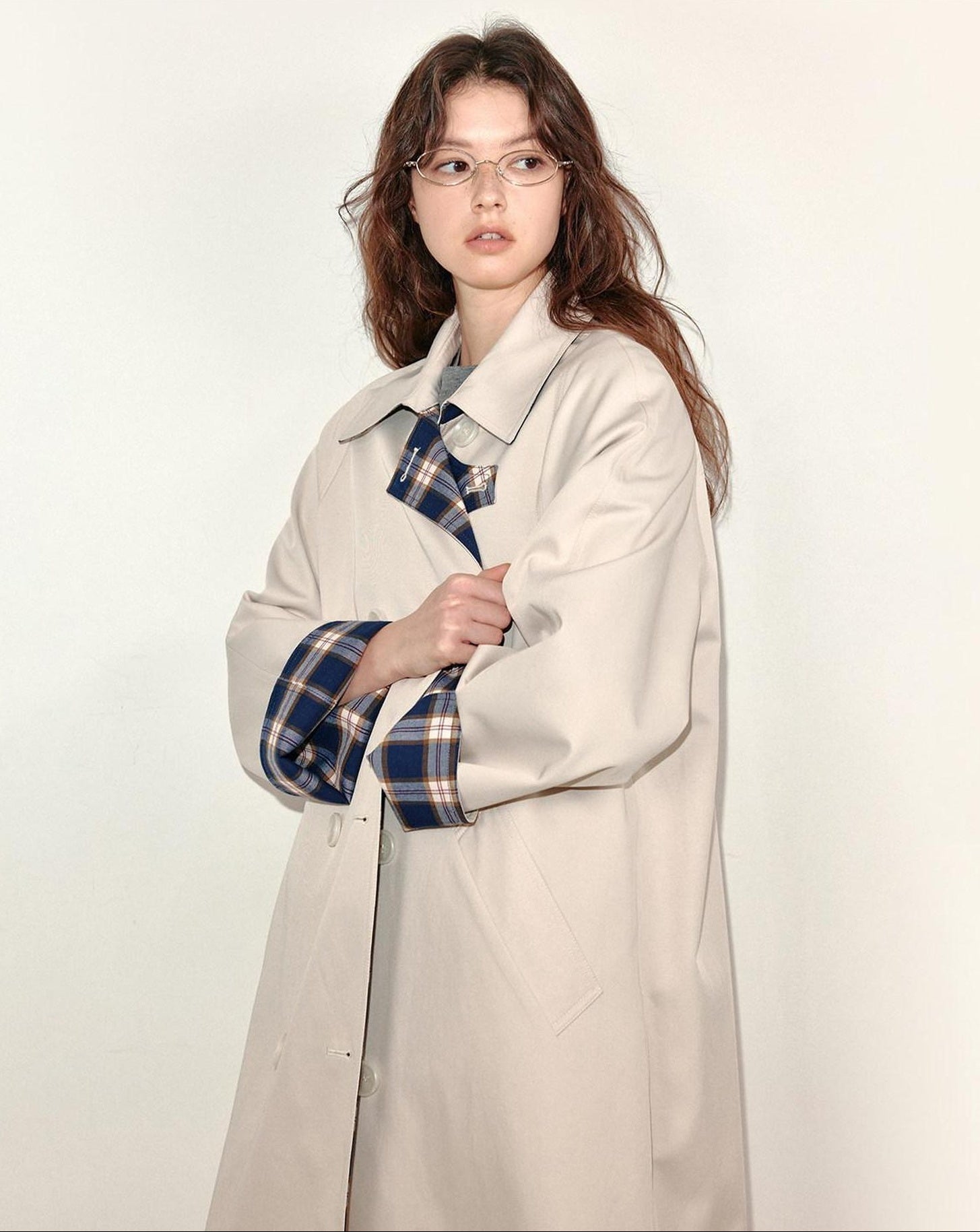 fano Loose Fit Korean Casual Long Beige Plaid Single Breasted Trench Coats