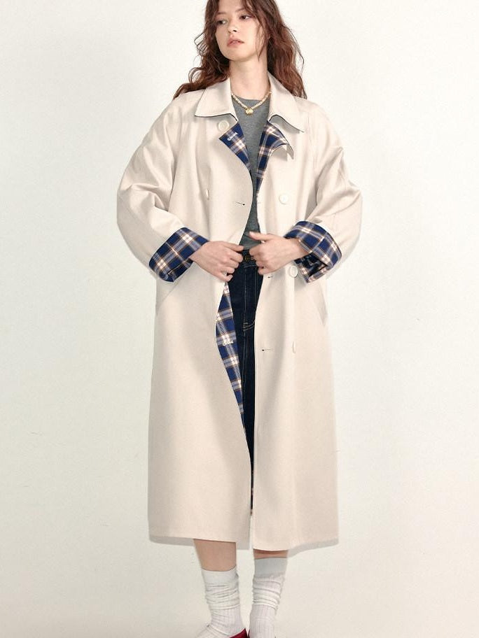 fano Light Cotton Blend Single Breasted Loose Fit Women Beige Plaid Trench Coats