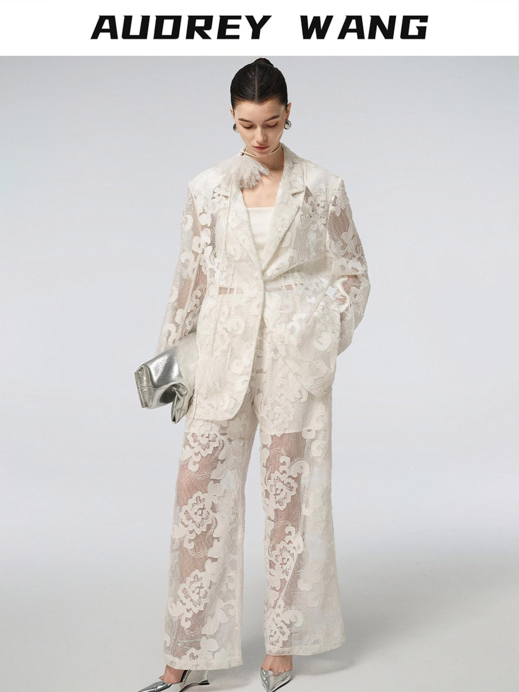 audreyyang Cotton Hollowout Loose Notched Lapel Workwear Women White Suit Top & Pants Sets