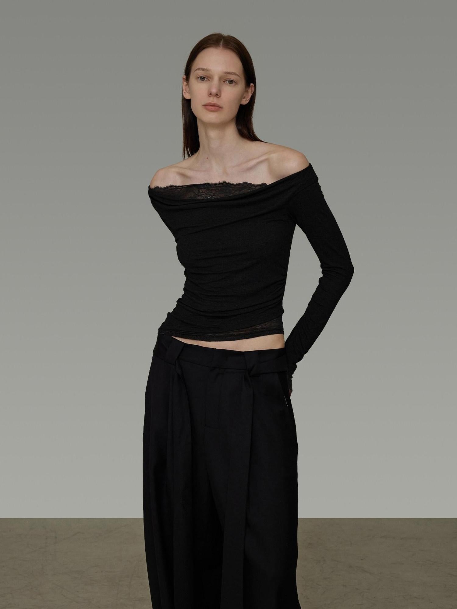 unspoken Lace Patchwork Off Shoulder Slim Fit Casual Knit Long Sleeve Black Blouses
